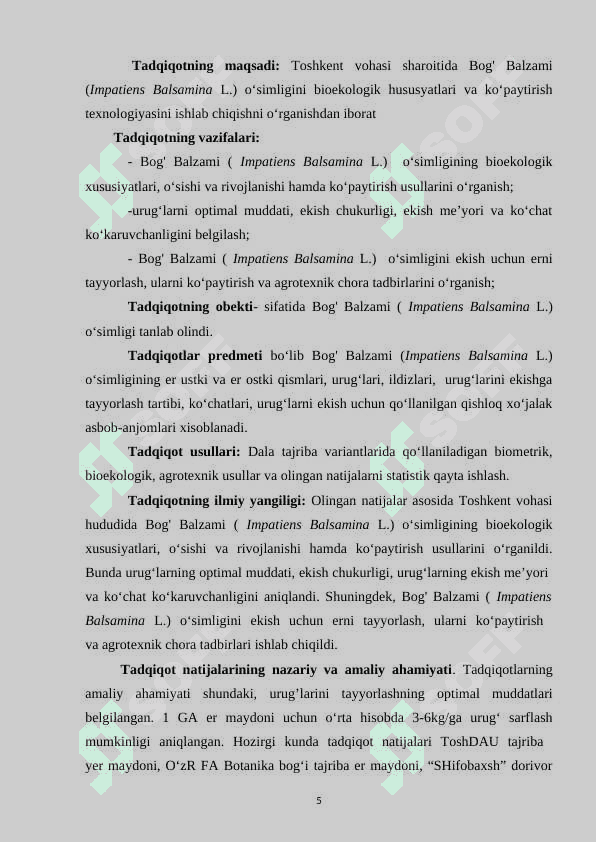 Bog' Balzami ( Impatiens Balsamina L.) o'simligini yetishtirish texnologiyasi 5