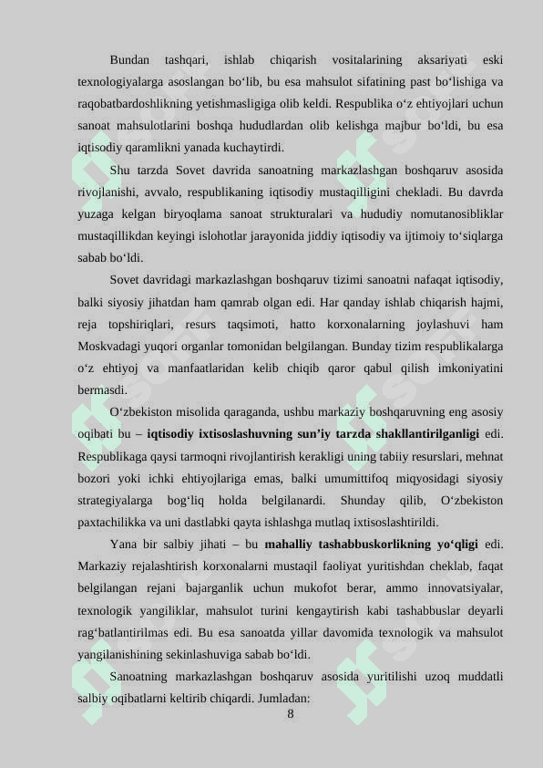 Respublika sanoati taraqqiyotining bir tomonlama rivojlanishining tarixiy asoslari 8