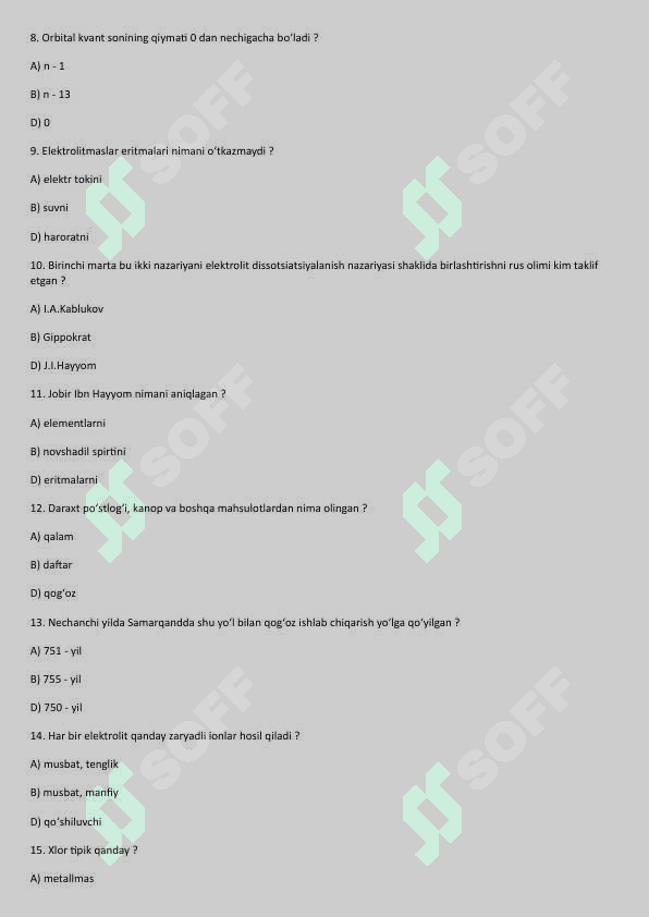9 - sinf uchun / Kimyo fanidan test savollari / Elektrolitik dissotsiatsiyalanish nazariyasi mavzusi boʻyicha tuzilgan 20 ta test 2