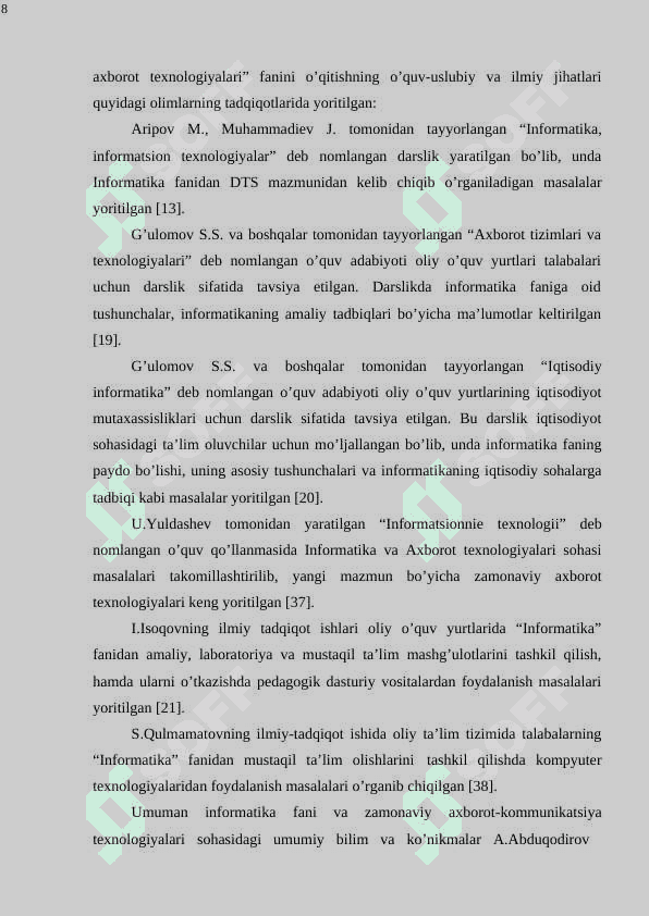 KASB-HUNAR KOLLEJLARIDA INFORMATIKA VA AXBOROT TEXNOLOGIYALARI KURSINI O‘QITISHDA INTEGRATSIYALASHGAN TEXNOLOGIYALARDAN FOYDALANISH METODIKASI 8