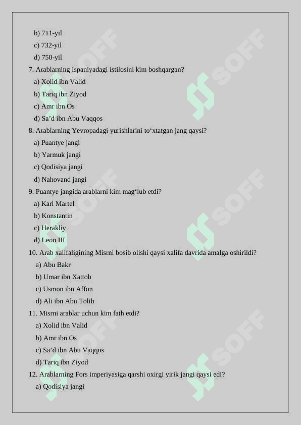 Arab xalifaligining istilochilik yurishlari test 2