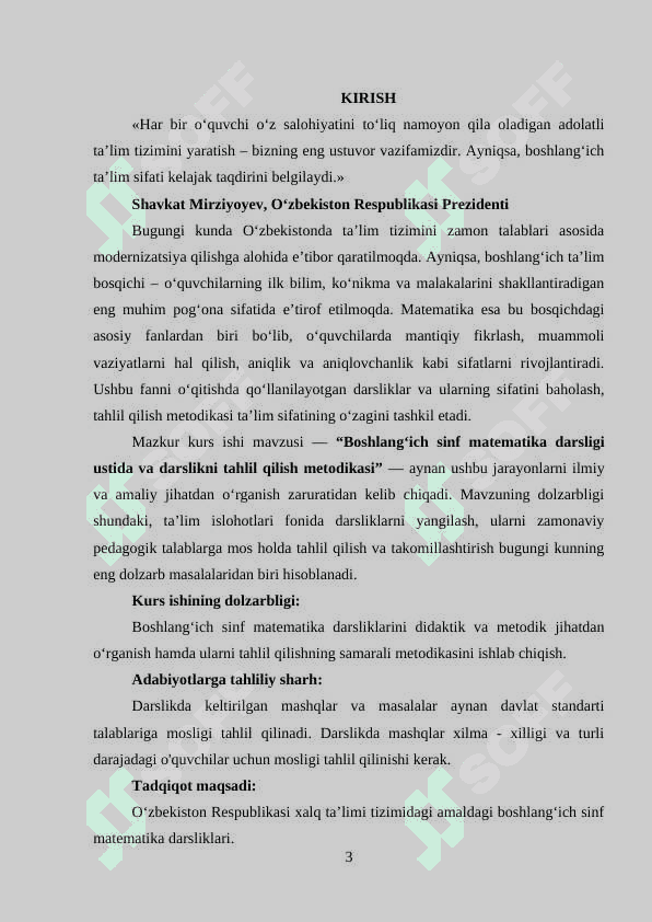 BOSHLANG`ICH SINF MATEMATIKA USTIDA ISHLASH VA DARSLIKNI TAHLIL QILISH METODIKASI 3