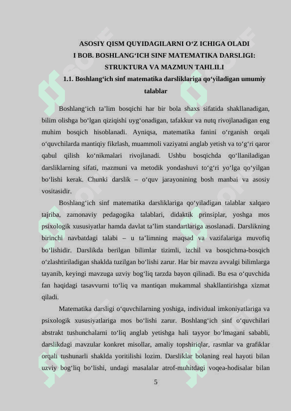 BOSHLANG`ICH SINF MATEMATIKA USTIDA ISHLASH VA DARSLIKNI TAHLIL QILISH METODIKASI 5