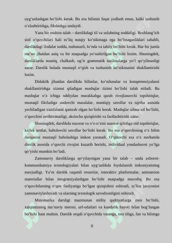 BOSHLANG`ICH SINF MATEMATIKA USTIDA ISHLASH VA DARSLIKNI TAHLIL QILISH METODIKASI 6