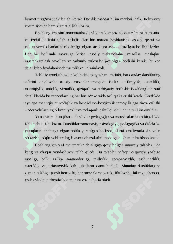 BOSHLANG`ICH SINF MATEMATIKA USTIDA ISHLASH VA DARSLIKNI TAHLIL QILISH METODIKASI 7