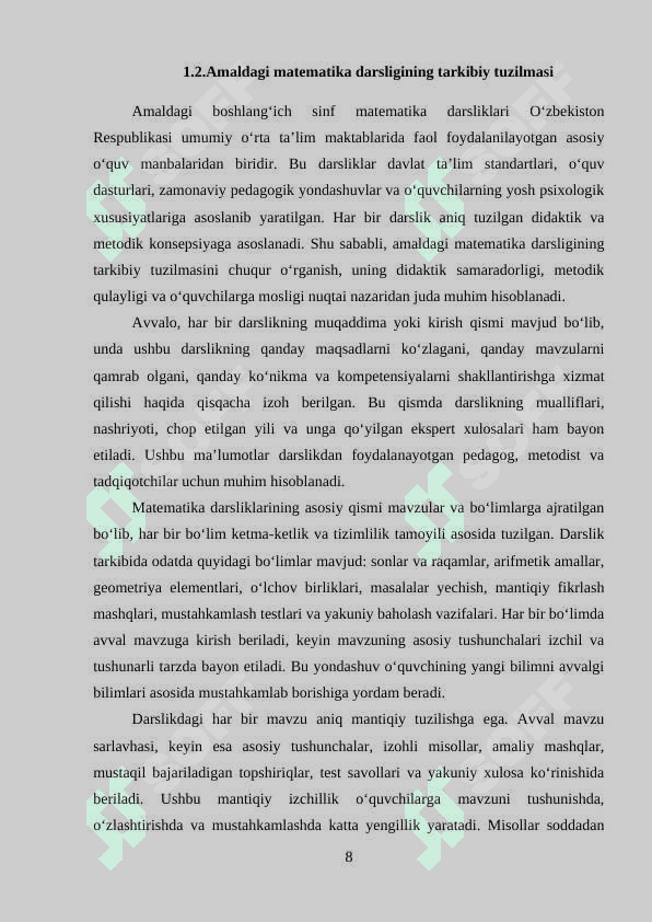 BOSHLANG`ICH SINF MATEMATIKA USTIDA ISHLASH VA DARSLIKNI TAHLIL QILISH METODIKASI 8