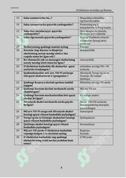 O'zbekiston tarixi majburiy fanlar uchun test 8