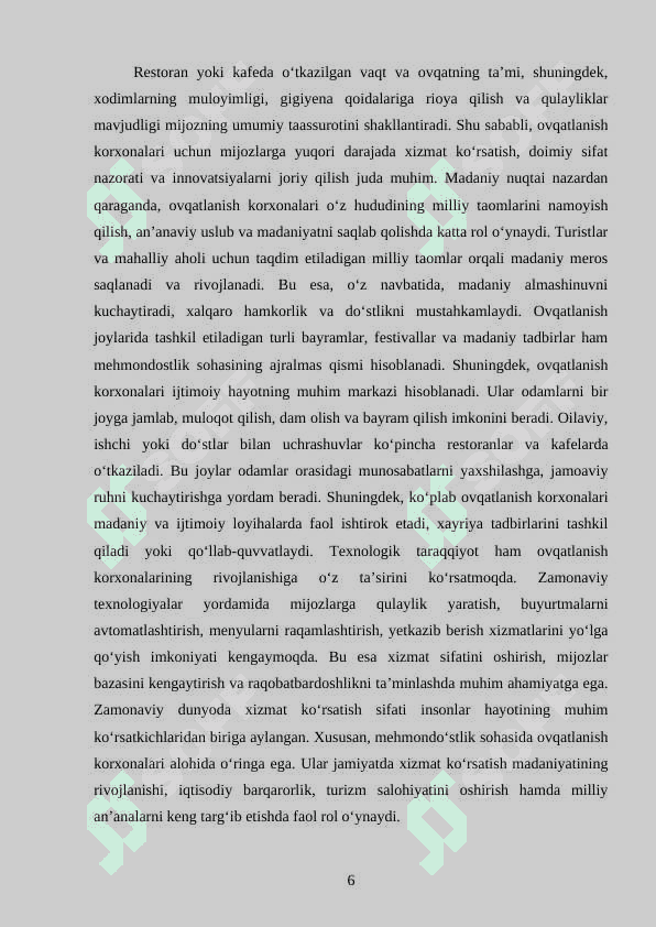 MEHMONDOSTLIK INSTURIYASIDA OVQATLANISH KORXONALARINING O'RNI 6