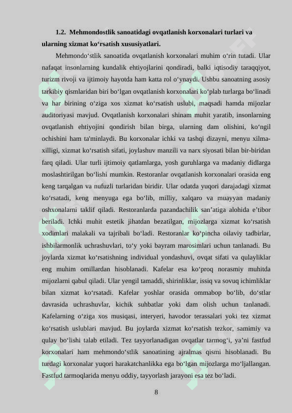 MEHMONDOSTLIK INSTURIYASIDA OVQATLANISH KORXONALARINING O'RNI 8