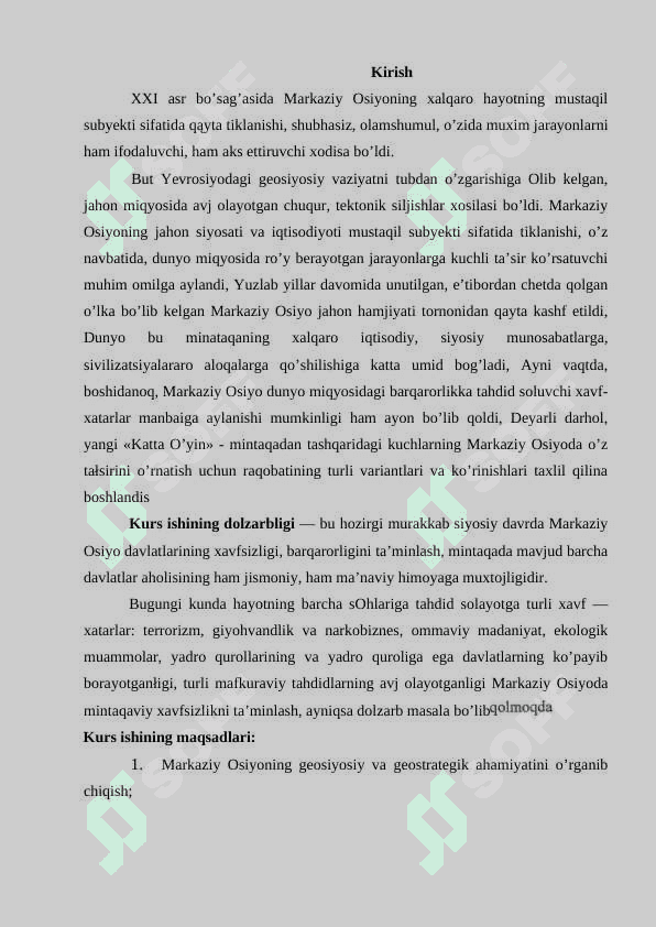 MARKAZIY OSIYODA XAVFSIZLIK MASALALARI (TERRORIZM, GIYOHVANDLIK VA ODAM SAVDOSIGA QARSHI KURASHDA O‘ZBEKISTON RESPUBLIKASINING FAOLIYATI 2