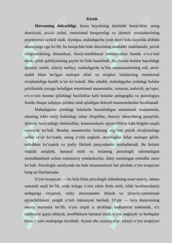 Maktabgacha tarbiya yoshida  qoʻrquv, tashvish va oʻz-oʻzini hurmat qilish buzilishi bilan ishlashda oʻyin terapiyasi usullaridan foydalanish 2