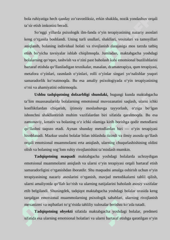 Maktabgacha tarbiya yoshida  qoʻrquv, tashvish va oʻz-oʻzini hurmat qilish buzilishi bilan ishlashda oʻyin terapiyasi usullaridan foydalanish 3