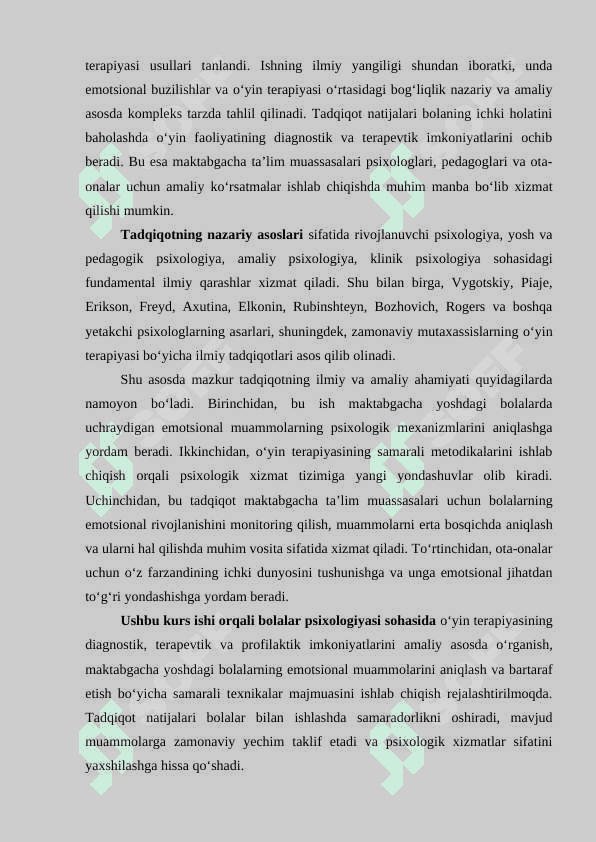 Maktabgacha tarbiya yoshida  qoʻrquv, tashvish va oʻz-oʻzini hurmat qilish buzilishi bilan ishlashda oʻyin terapiyasi usullaridan foydalanish 4
