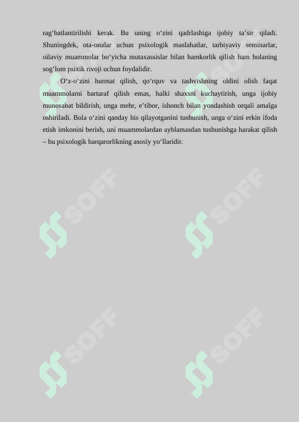 Maktabgacha tarbiya yoshida  qoʻrquv, tashvish va oʻz-oʻzini hurmat qilish buzilishi bilan ishlashda oʻyin terapiyasi usullaridan foydalanish 8