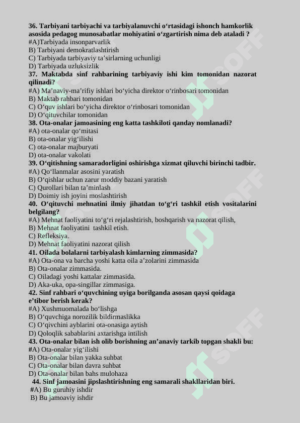 “TARBIYAVIY ISHLAR METODIKASI” fanidan testlar javoblari bilan 200 ta 6