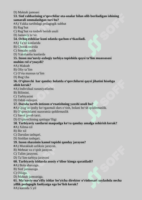 “TARBIYAVIY ISHLAR METODIKASI” fanidan testlar javoblari bilan 200 ta 8