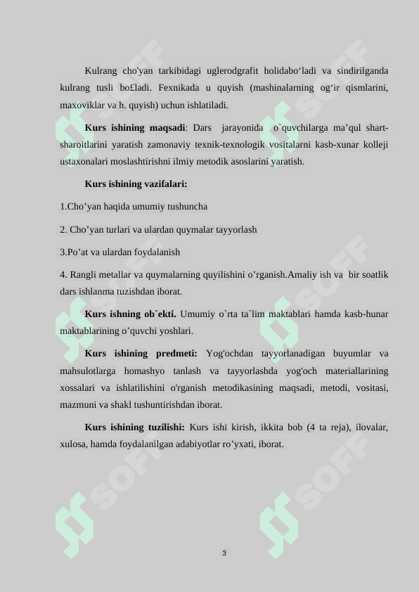 Cho’yan, po’lat va rangli metalldan tayyorlangan quymalarni o’rganish 3