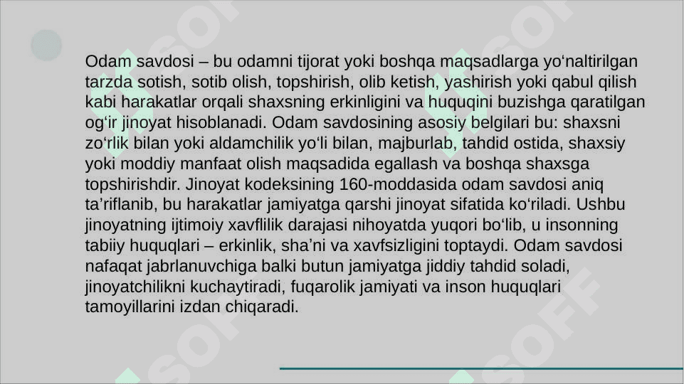 O‘zbekiston Respublikasi Jinoyat kodeksining 160-moddasi asosida “Odam savdosi jinoyati” jinoyatining tahlili.pptx 3
