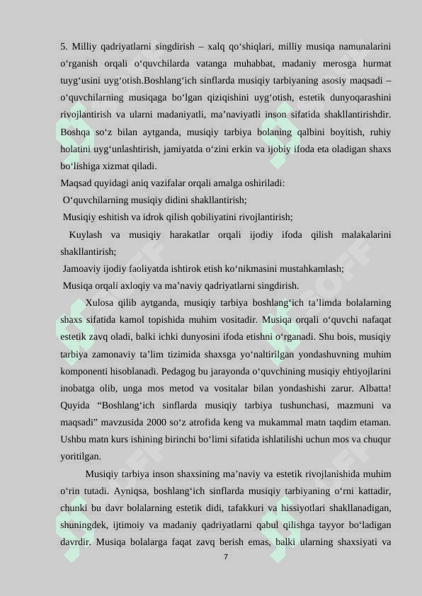 Boshlang’ich sinflarda musiqiy tarbiya va uning ta’limdagi o’rni 7