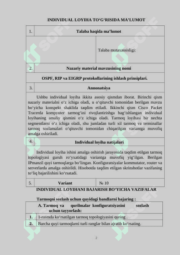 OSPF, RIP va EIGRP protokollarining ishlash prinsiplari individual loyiha 2 2