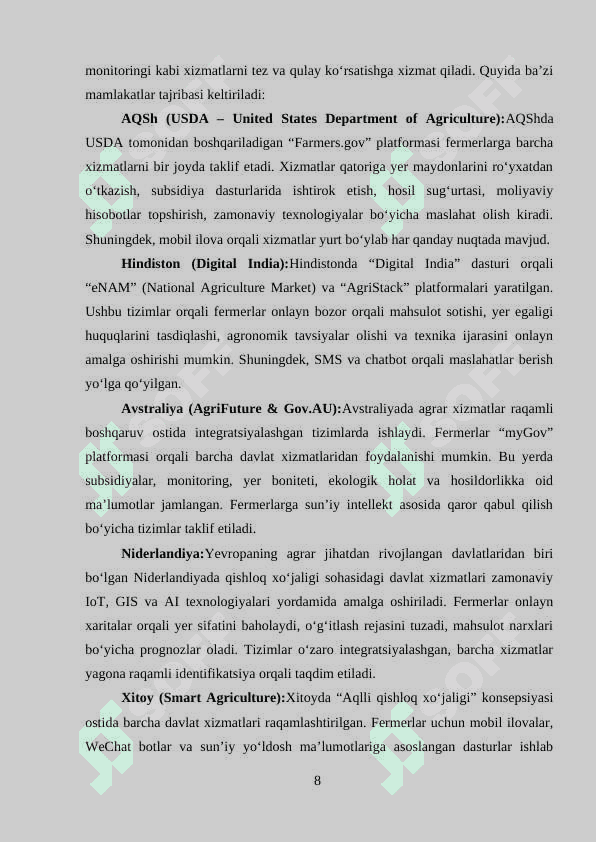 “Qishloq xo’jaligi” sohasida davlat interaktiv xizmatlarini loyihalashtirish  individual loyiha 8