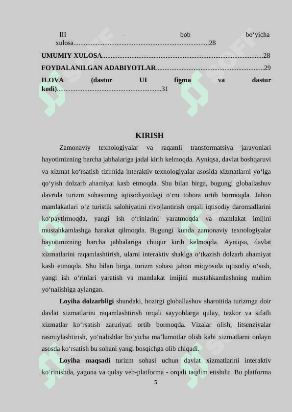 “Turizm” sohasida davlat interaktiv xizmatlarini loyihalashtirish individual loyiha 5