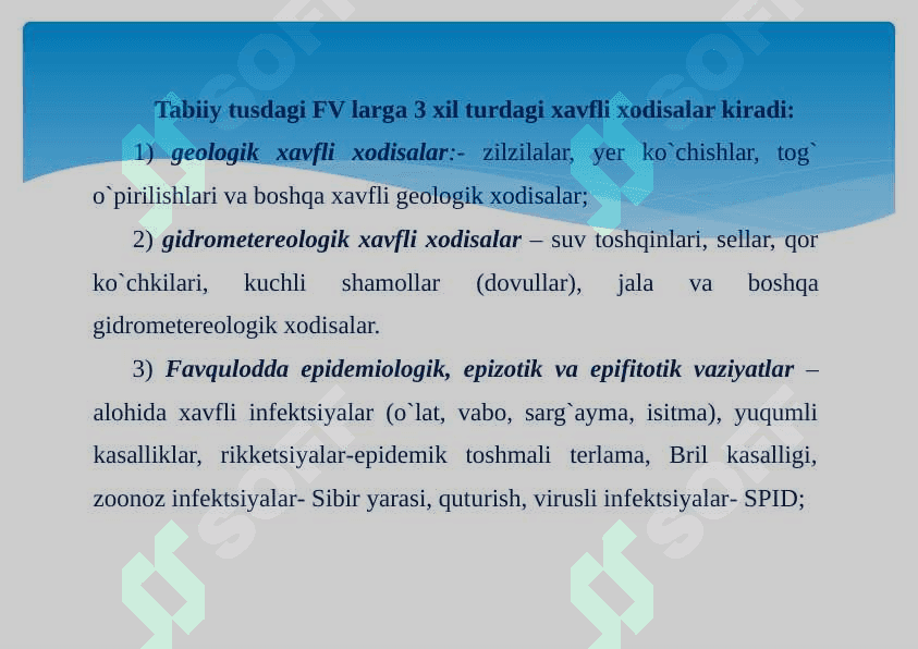 O`ZBЕKISTON RЕSPUBLIKASI HUDUDIDA SODIR BO`LISHI MUMKIN BO`LGAN FAVQULODDA VAZIYATLAR VA ULARNI OLDINI OLISH  BORASIDA AMALGA OSHIRILAYOTGAN ISHLAR 5