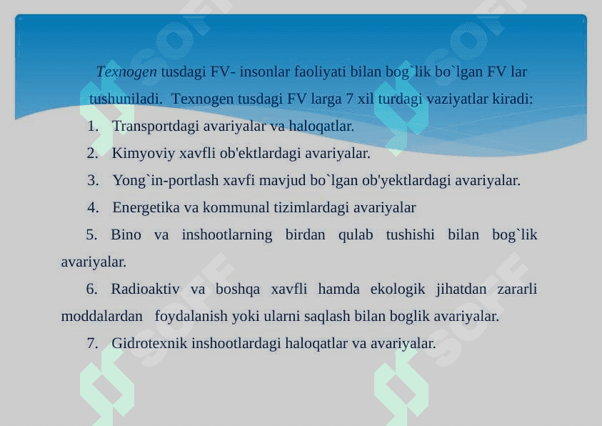 O`ZBЕKISTON RЕSPUBLIKASI HUDUDIDA SODIR BO`LISHI MUMKIN BO`LGAN FAVQULODDA VAZIYATLAR VA ULARNI OLDINI OLISH  BORASIDA AMALGA OSHIRILAYOTGAN ISHLAR 8