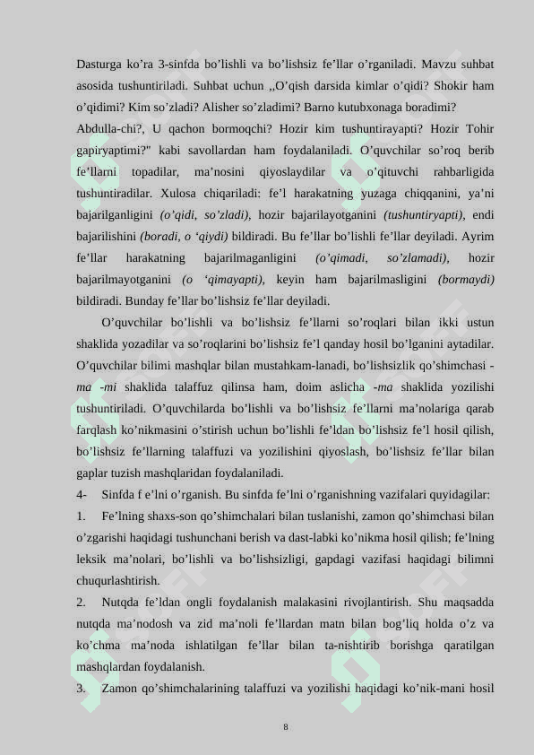 Boshlang’ich sinflarda “Fe’l va uning zamonlarini” o’tish metodikasi 8