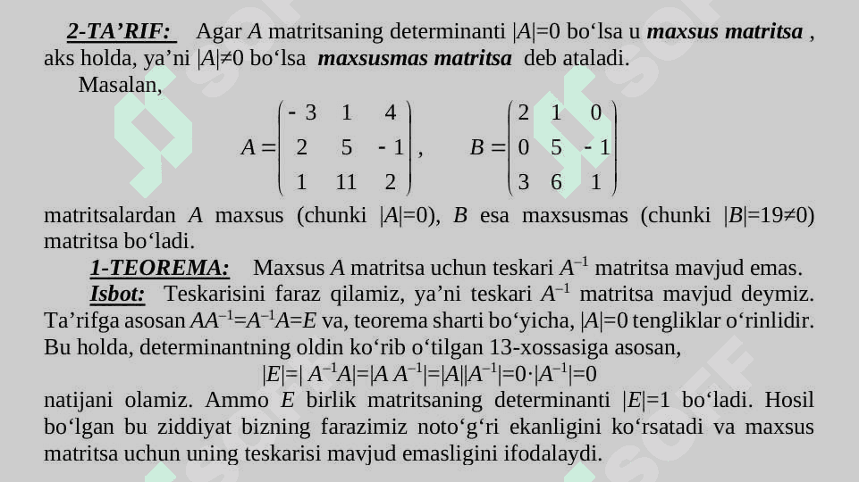 TЕSKARI MATRITSA. MATRITSANING  RANGI 3