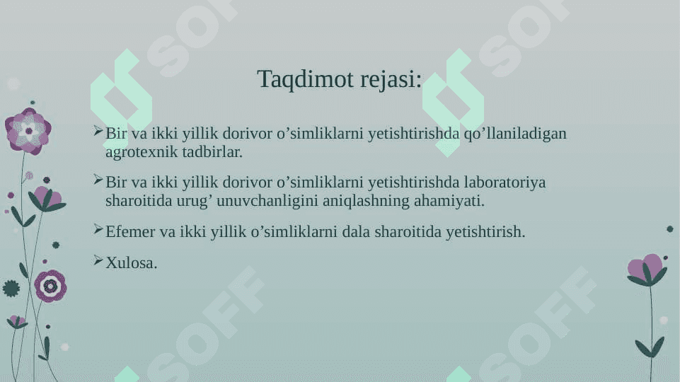BIR VA IKKI YILLIK DORIVOR O’SIMLIKLARNI YETISHTIRISH 2