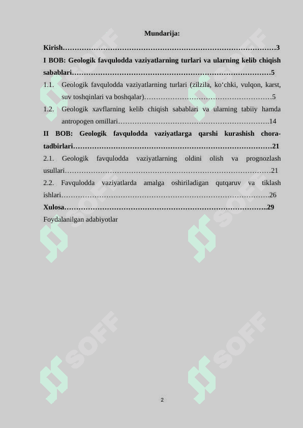 Geologik tusdagi favqulodda vaziyatlar va ularga qarshi kurashish chora-tadbirlari 2