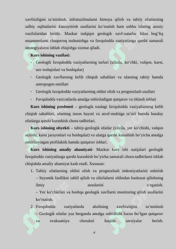 Geologik tusdagi favqulodda vaziyatlar va ularga qarshi kurashish chora-tadbirlari 4
