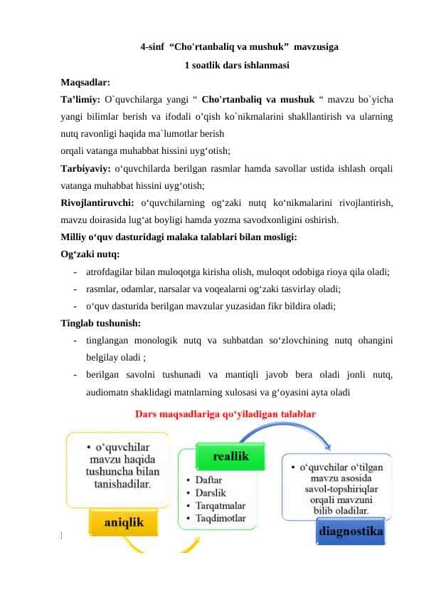 4-sinf  “Cho'rtanbaliq va mushuk”  mavzusiga dars ishlanma