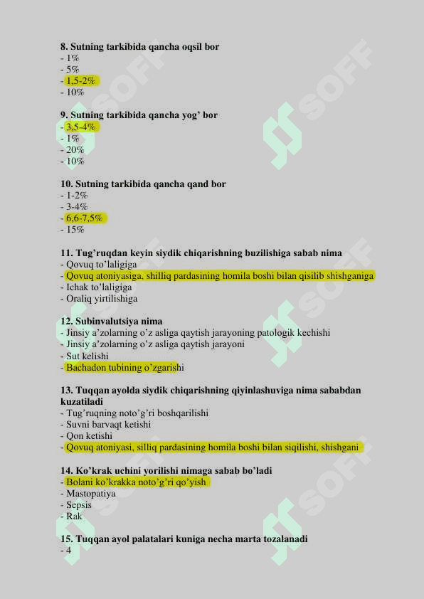 Akusherlik ishi mutaxassisligi bo’yicha shakllantirilgan test savollari ro’yxati 2
