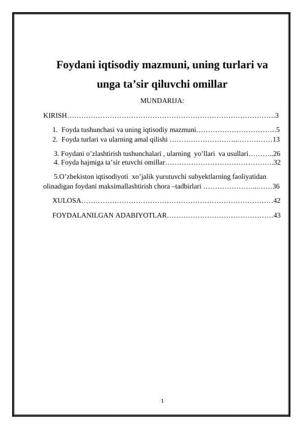 Foydani iqtisodiy mazmuni, uning turlari va unga ta’sir qiluvchi omillar