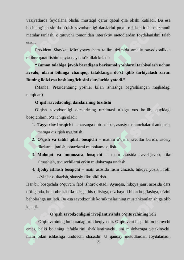 O‘QISH SAVODXONLIGIDA DARSLIGIDA HIKOYA O‘TISH USLUBIYATI 8