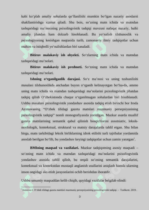So‘zning matn ichida va matndan tashqaridagi ma’nosining psixolingvistik .BITIRUV MALAKAVIY ISHI 3