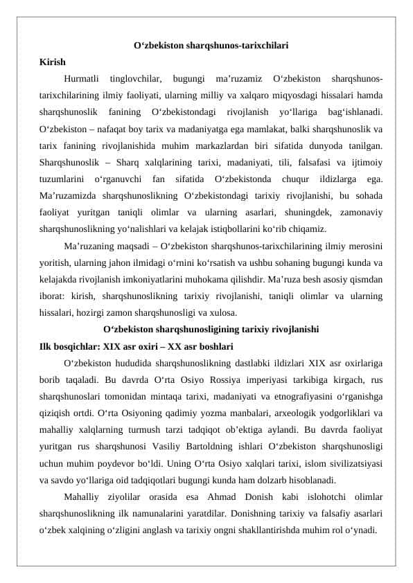 O‘zbekiston sharqshunos tarixchilari ma'ruza 1