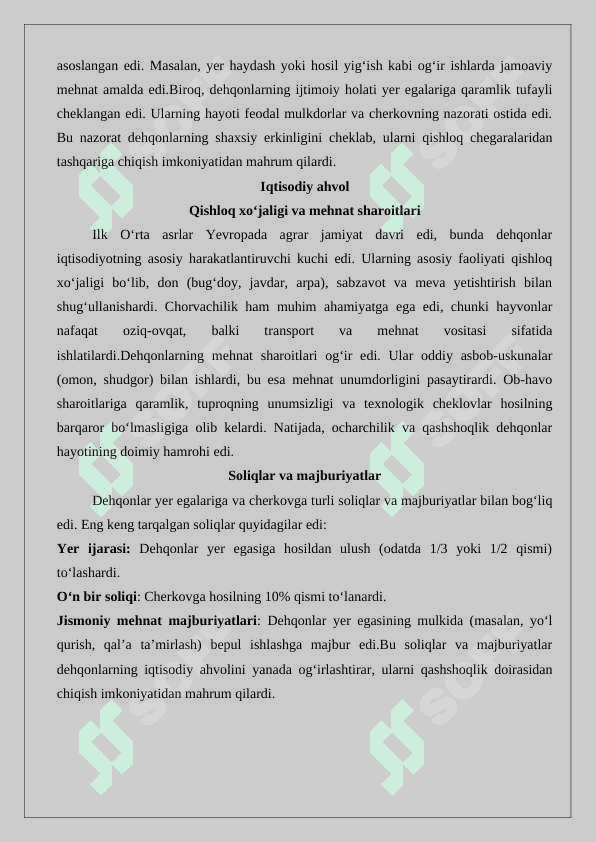 Ilk O‘rta asrlarda Yevropa dehqonlarining ahvoli esse 2