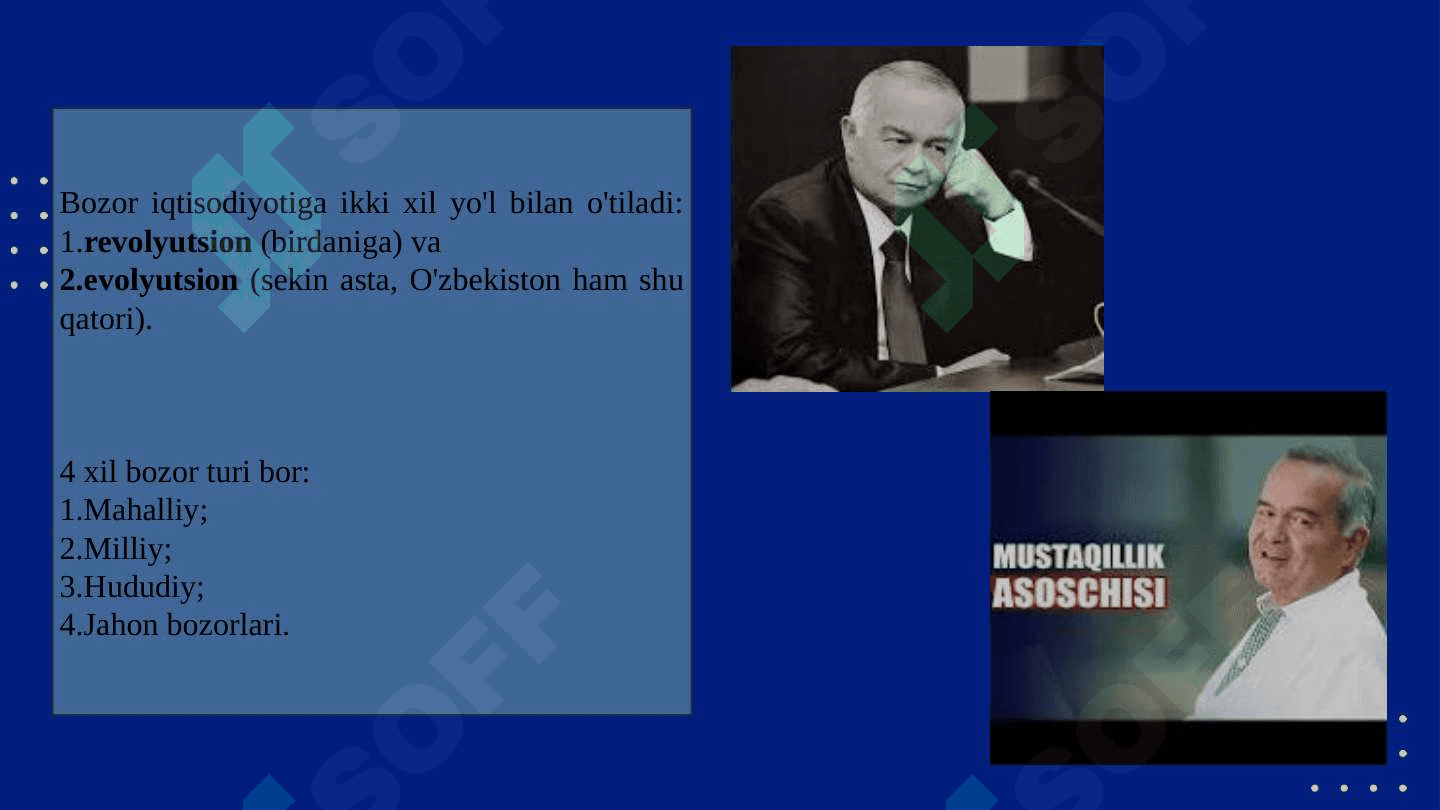 IQTISODIY ISLOHOTLAR, XUSUSIY MULKCHILIKNING SHAKLLANISHI. O‘ZBEKISTONDA BOZOR MUNOSABATLARINING RIVOJLANISHI 5