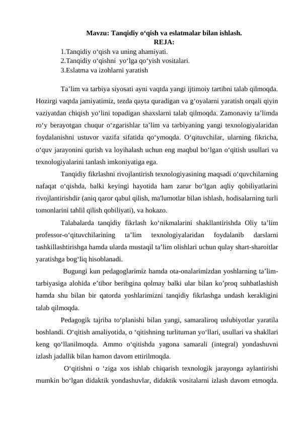 Tanqidiy o‘qish va eslatmalar bilan ishlash