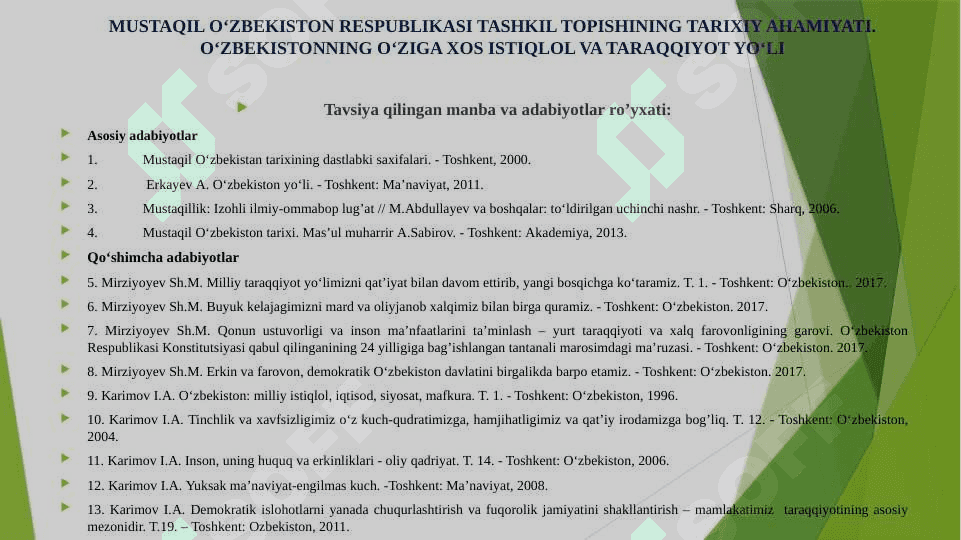 MUSTAQIL O‘ZBEKISTON RESPUBLIKASI TASHKIL TOPISHINING TARIXIY AHAMIYATI. O‘ZBEKISTONNING O‘ZIGA XOS ISTIQLOL VA TARAQQIYOT YO‘LI 3