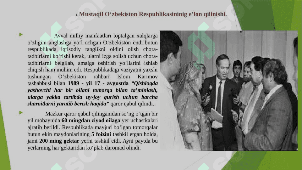 MUSTAQIL O‘ZBEKISTON RESPUBLIKASI TASHKIL TOPISHINING TARIXIY AHAMIYATI. O‘ZBEKISTONNING O‘ZIGA XOS ISTIQLOL VA TARAQQIYOT YO‘LI 8