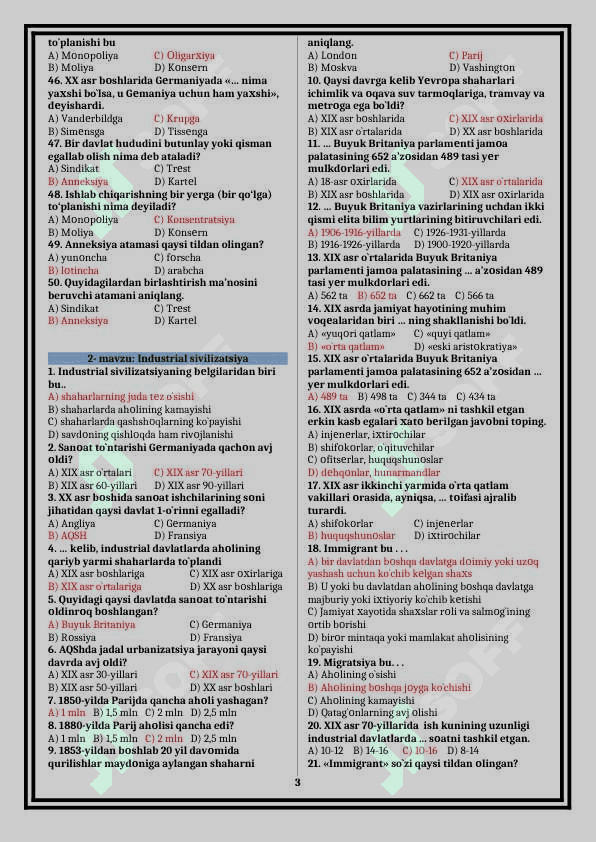 9 jahon mavzulashgan test tayyor javoblari bilan TARIX 3