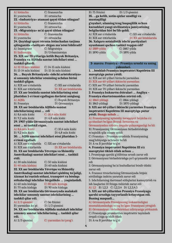 9 jahon mavzulashgan test tayyor javoblari bilan TARIX 4