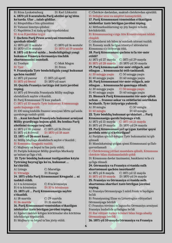 9 jahon mavzulashgan test tayyor javoblari bilan TARIX 6