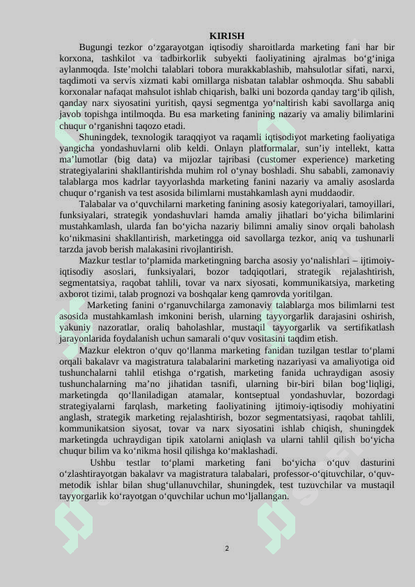 MARKETING FANIDAN TESTLAR TO'PLAMI 2