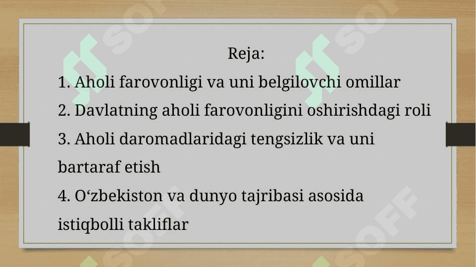 AHOLI FAROVONLIGINI OSHIRISHDA AHOLINING TURMUSH DARAJASI VA DAROMADLAR, HAMDA ULARNI DAVLAT TOMONIDAN TARTIBGA SOLISH MUAMMOLARI (SLAYD) 2