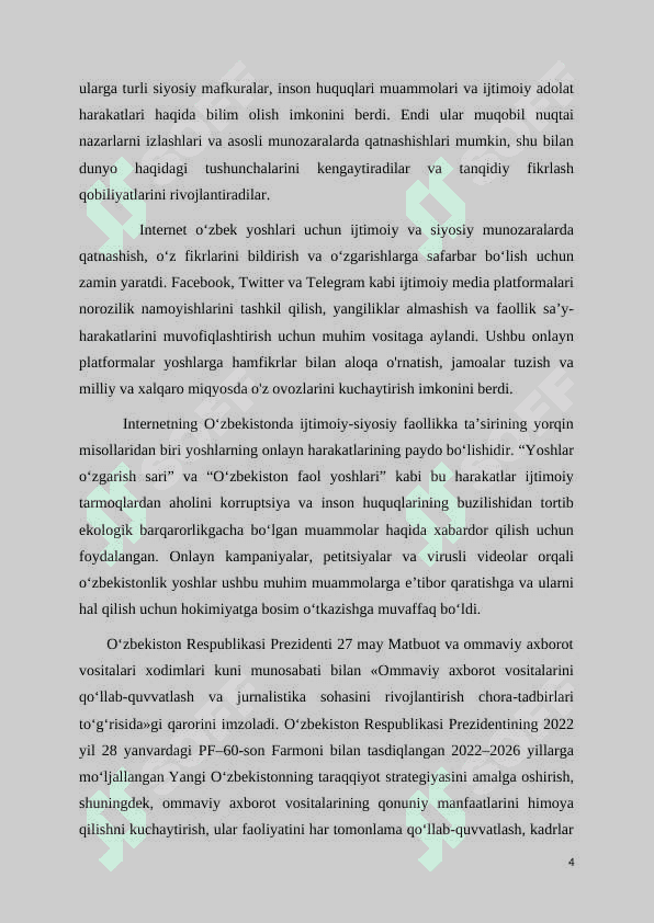 MAMLAKATIMIZDA YOSHLARNING IJTIMOIY-SIYOSIY FAOLIYATINI YORITISHDA INTERNETNING O‘RNI 4